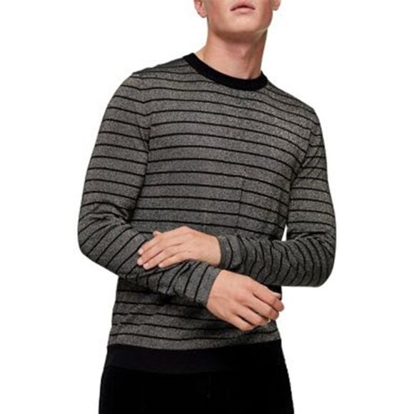 TOPMAN Mens Black & Silver Metallic Stripe Crew Neck Knitted Jumper / Sweater - Picture 2 of 2